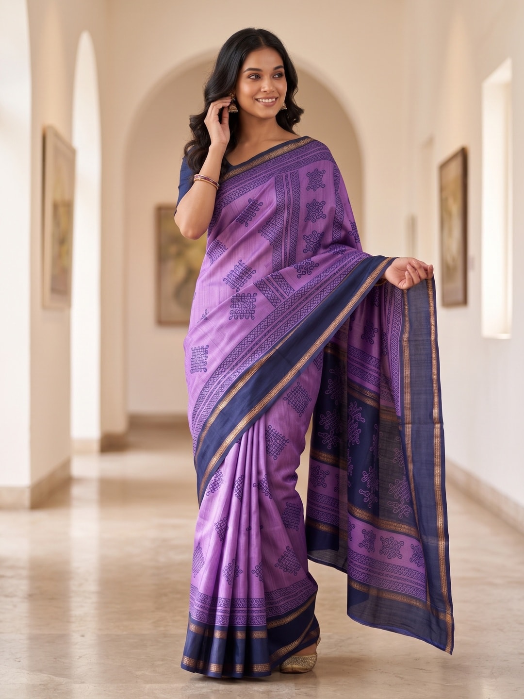 Peachmode Purple Tussar Silk Saree With Kashmiri Kolam Print, Rich Pallu And Contrast Gadwal Border - Image 4