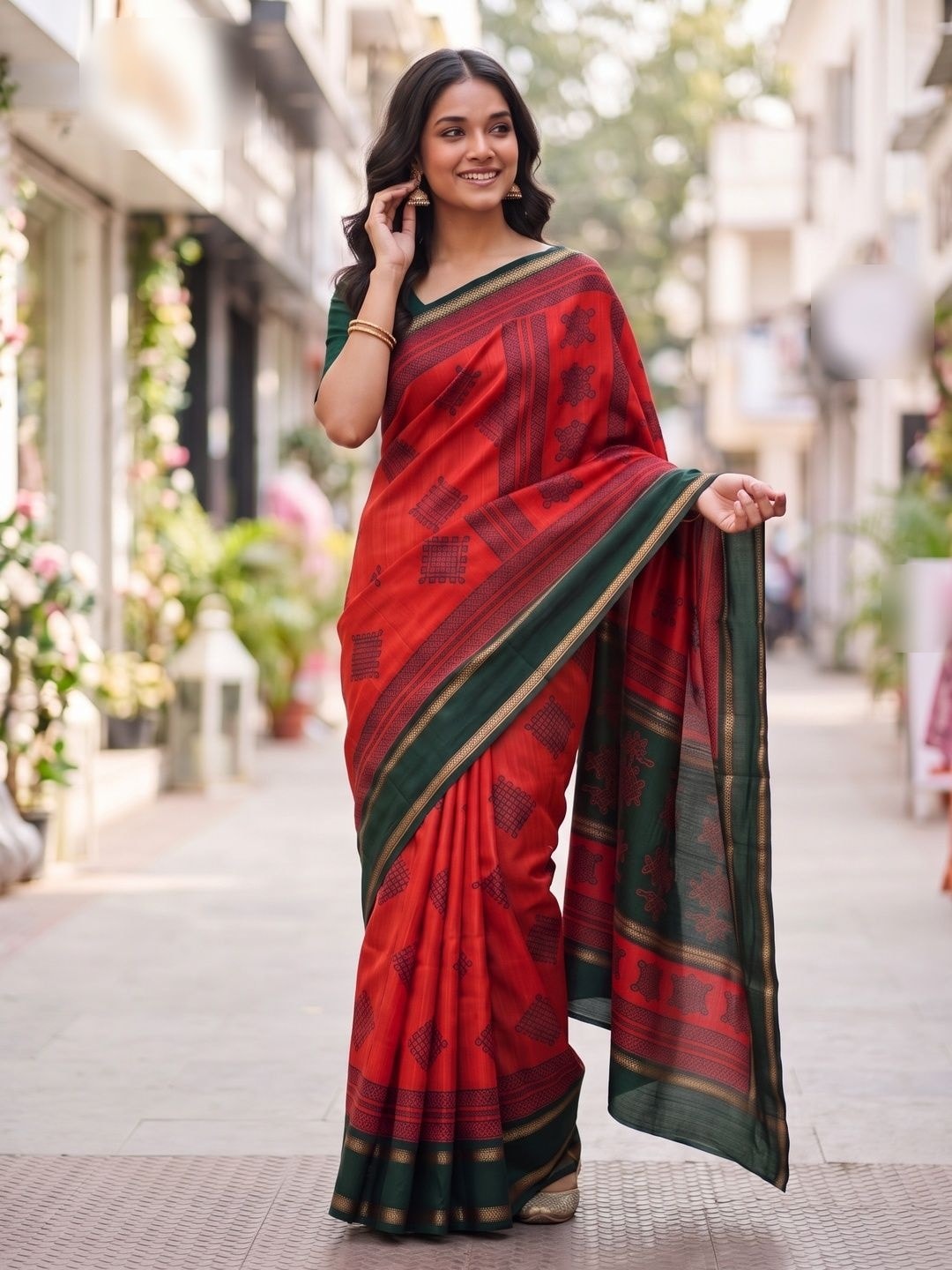 Peachmode Red Tussar Silk Saree With Kashmiri Kolam Print, Rich Pallu And Contrast Gadwal Border - Image 4