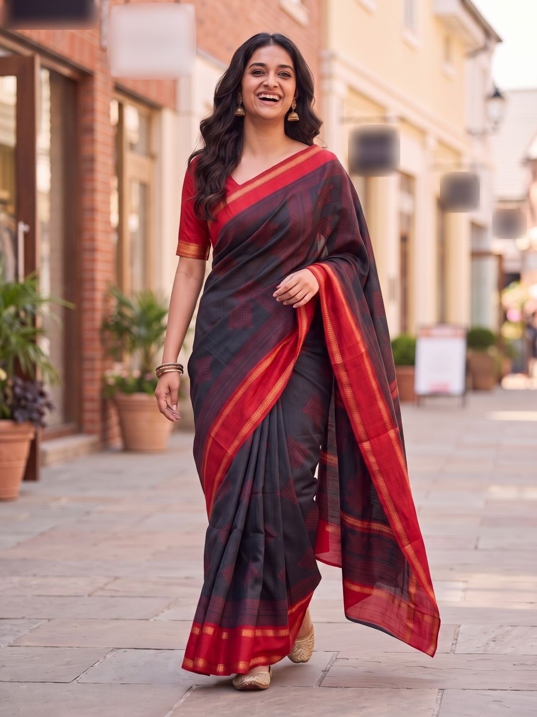 Peachmode Black Tussar Silk Saree With Kashmiri Kolam Print, Rich Pallu And Contrast Gadwal Border - Image 4