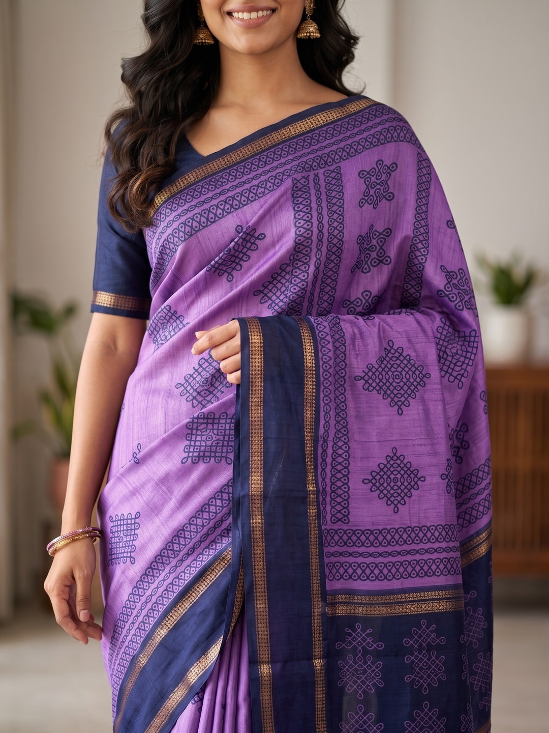 Peachmode Purple Tussar Silk Saree With Kashmiri Kolam Print, Rich Pallu And Contrast Gadwal Border - Image 5