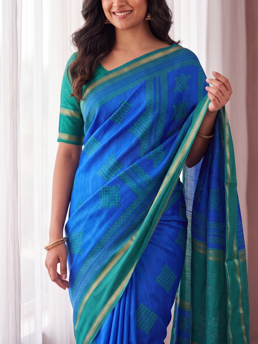 Peachmode Blue Tussar Silk Saree With Kashmiri Kolam Print, Rich Pallu And Contrast Gadwal Border - Image 5