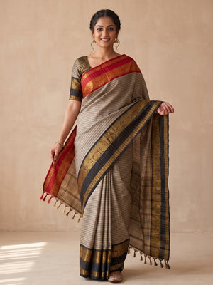 Peachmode Beige Soft Silk Saree With Allover Jacquard Check Work, Rich Pallu And Contrast Temple Border - Image 1