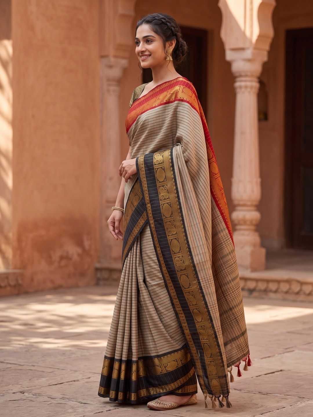 Peachmode Beige Soft Silk Saree With Allover Jacquard Check Work, Rich Pallu And Contrast Temple Border - Image 3