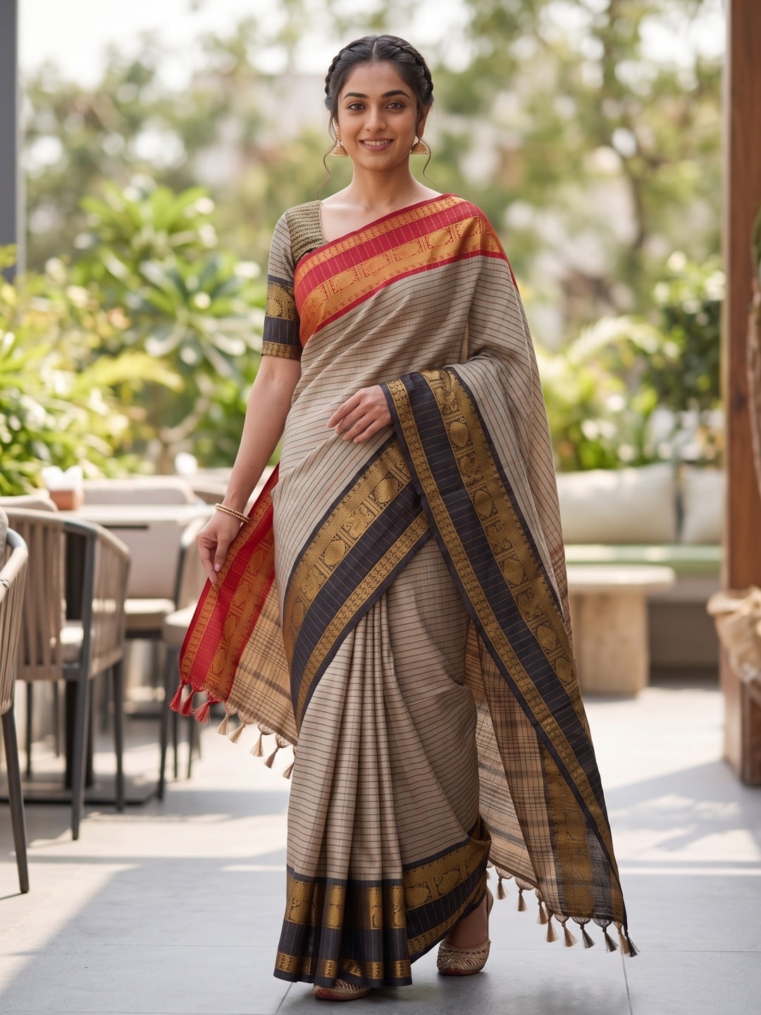 Peachmode Beige Soft Silk Saree With Allover Jacquard Check Work, Rich Pallu And Contrast Temple Border - Image 4