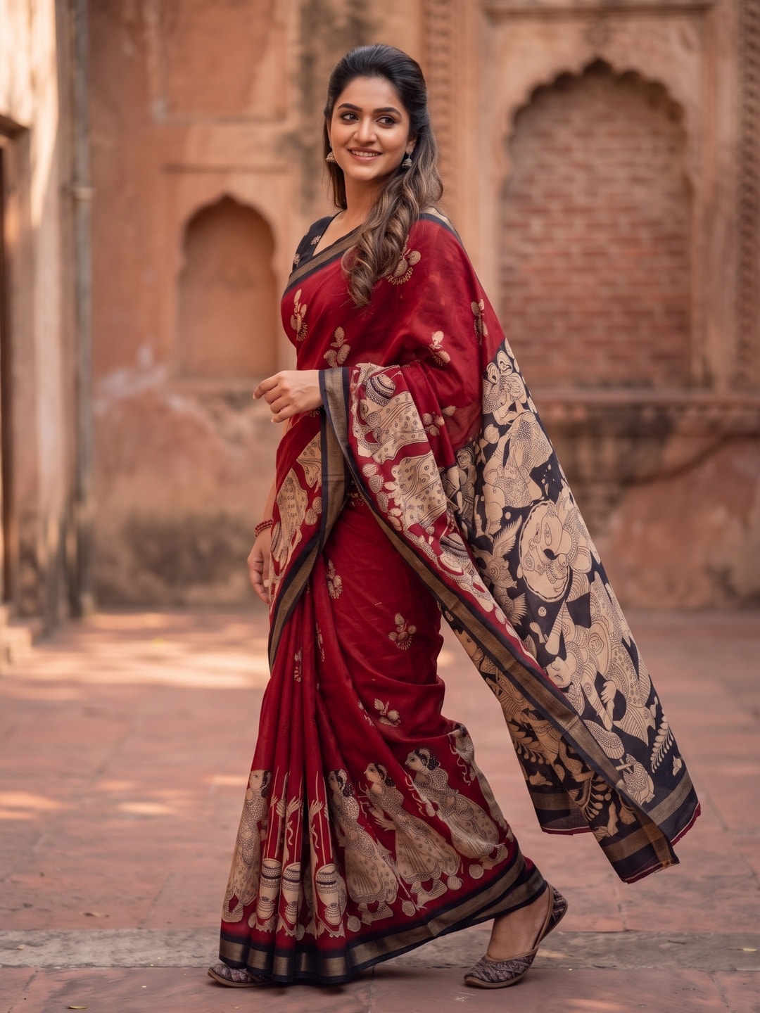 Peachmode Red Soft Mul Cotton Saree With Kalamkari Pallu And Golden Zari Weaving Border - Image 3