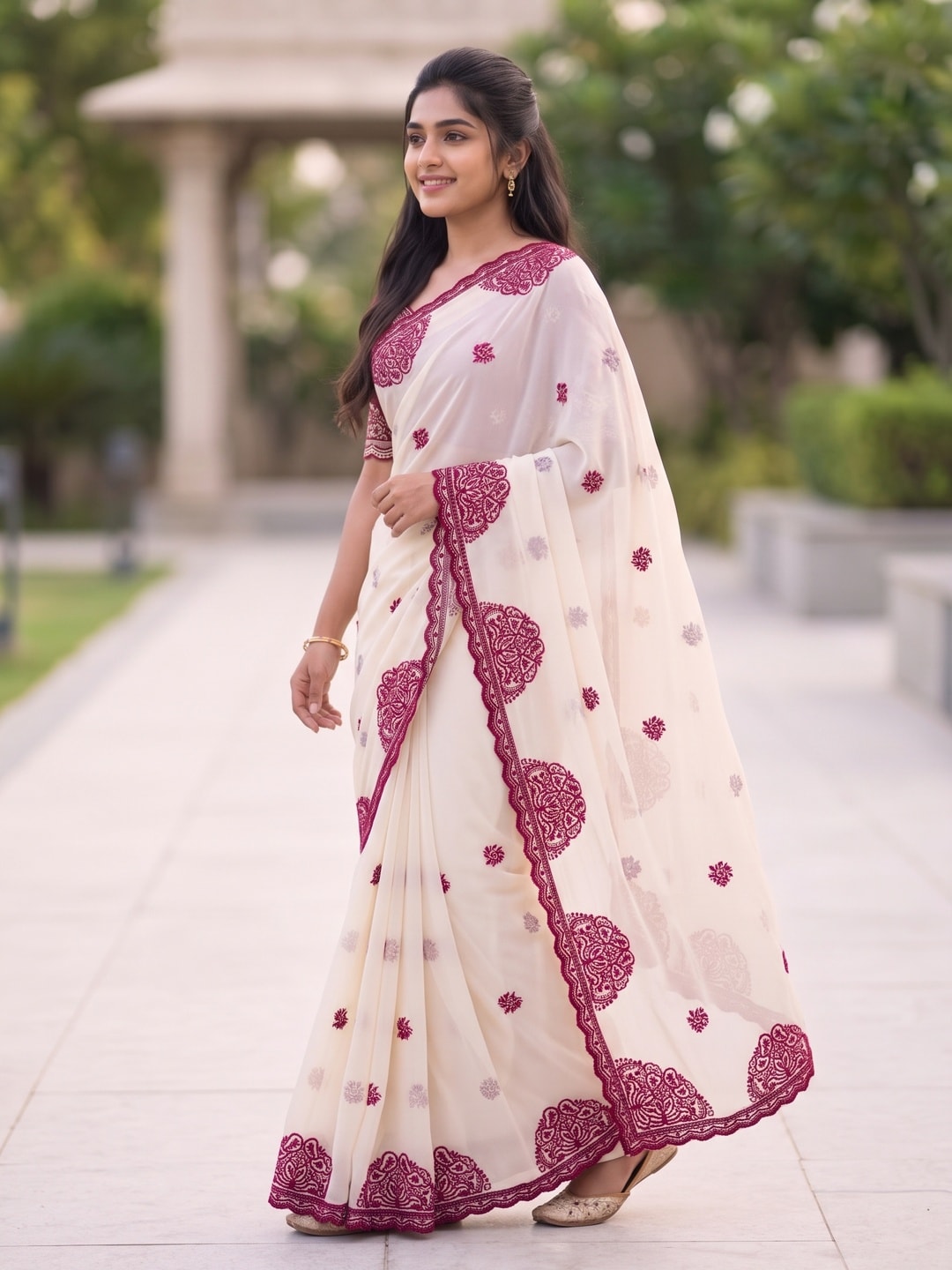 Peachmode Off White Star Georgette Saree With Multi Thread Work, Medallion Border And Scalloped Cut Border - Image 3