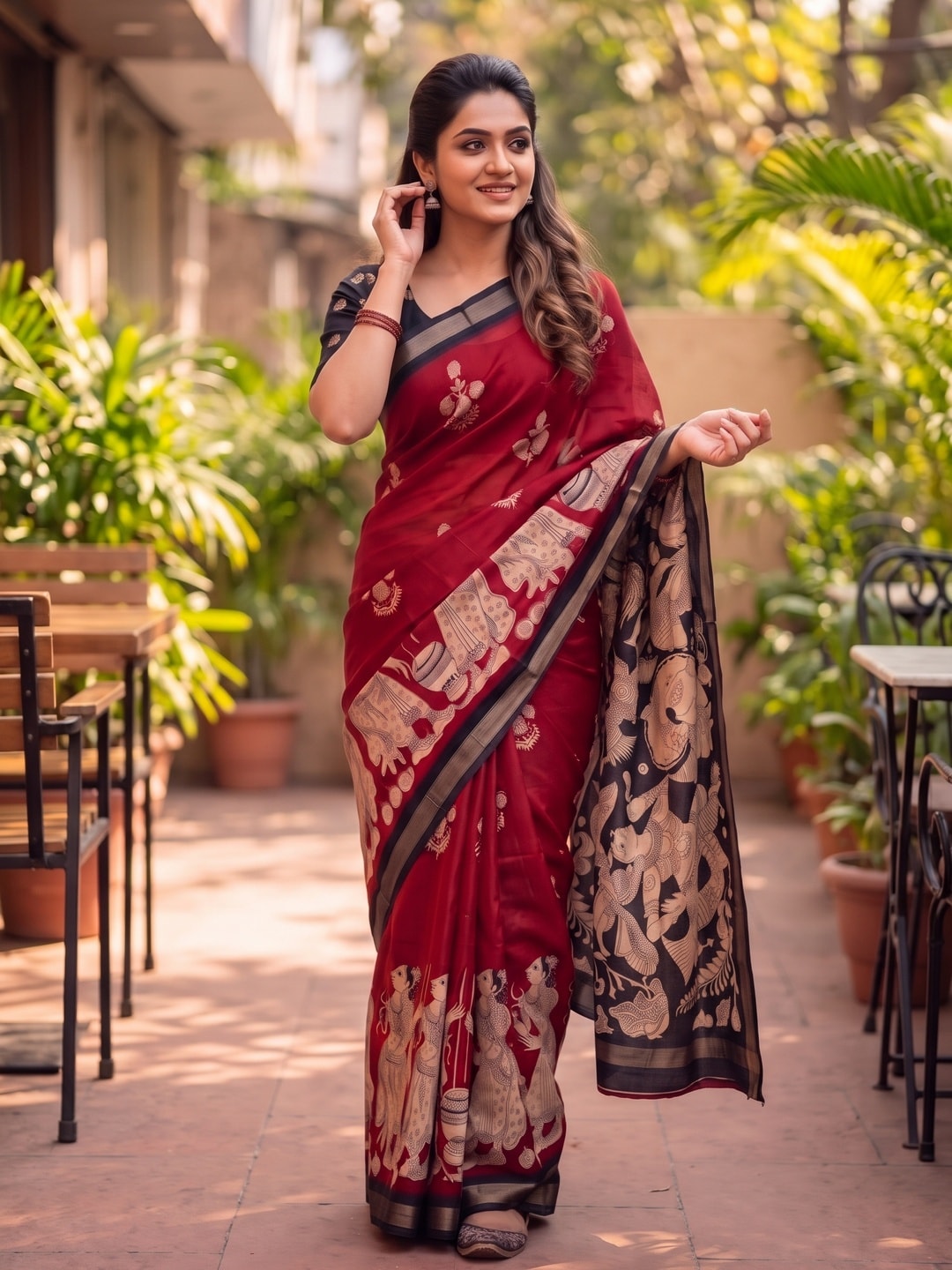 Peachmode Red Soft Mul Cotton Saree With Kalamkari Pallu And Golden Zari Weaving Border - Image 4