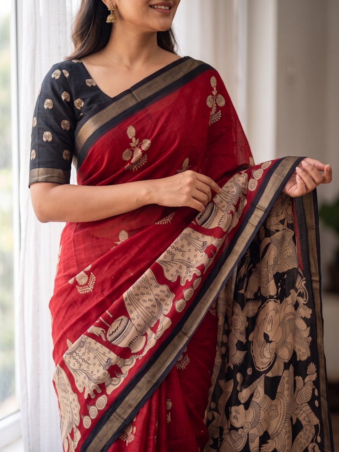 Peachmode Red Soft Mul Cotton Saree With Kalamkari Pallu And Golden Zari Weaving Border - Image 5
