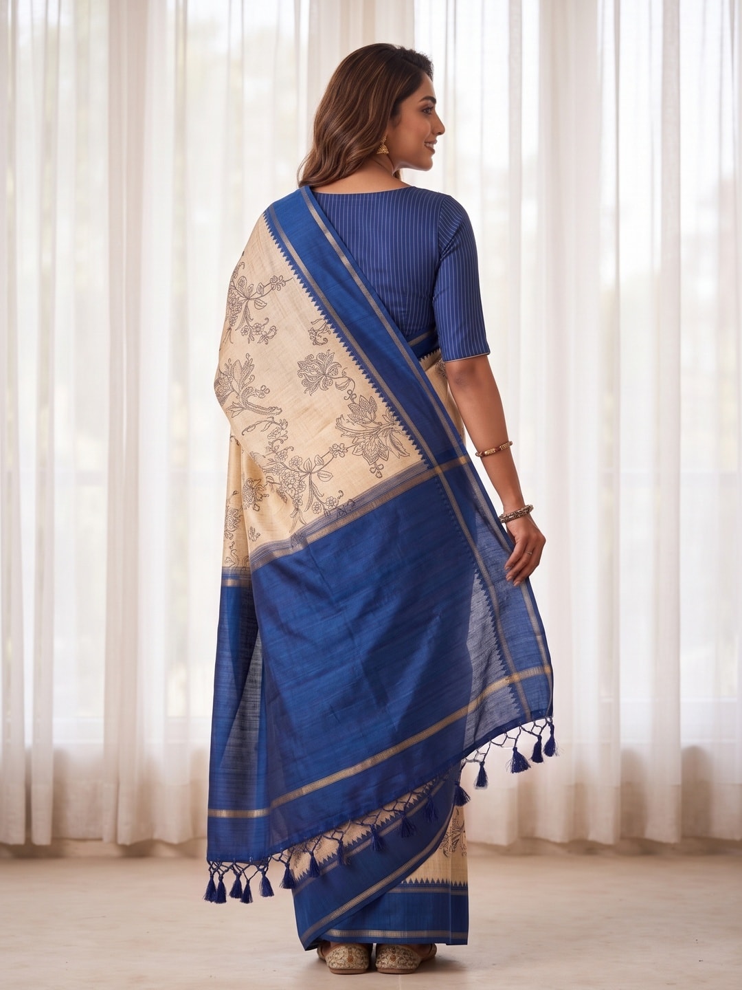 Peachmode Royal Blue Floral Vine Print Tussar Saree With Contrast Bentex Border And Tassels - Image 2