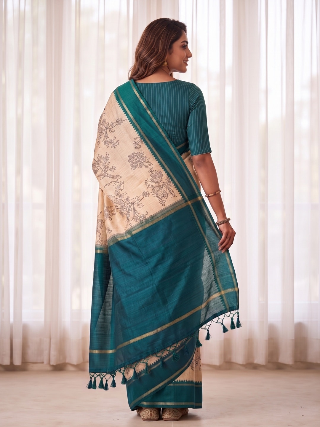 Peachmode Teal Floral Vine Print Tussar Saree With Contrast Bentex Border And Tassels - Image 2