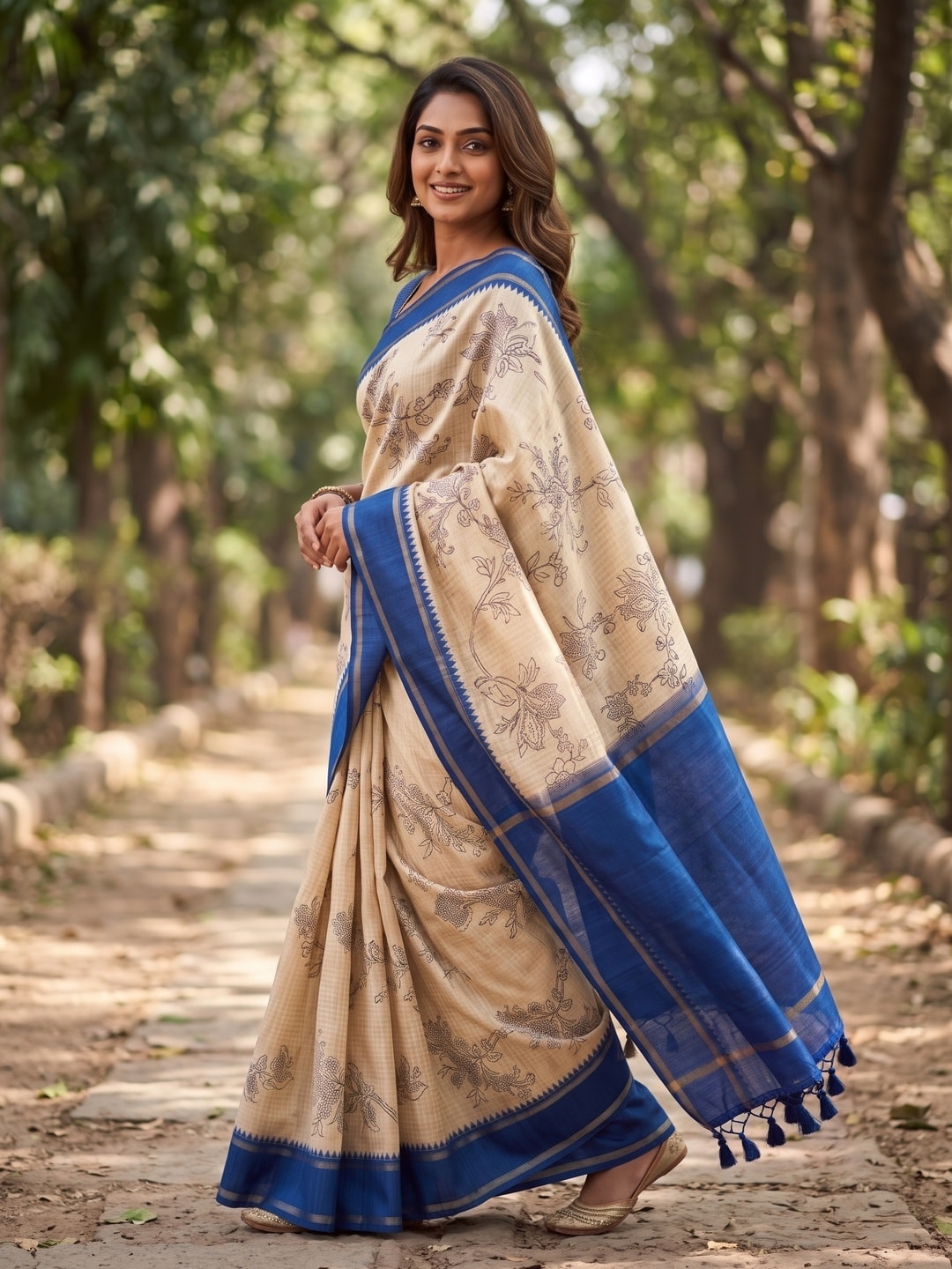 Peachmode Royal Blue Floral Vine Print Tussar Saree With Contrast Bentex Border And Tassels - Image 3