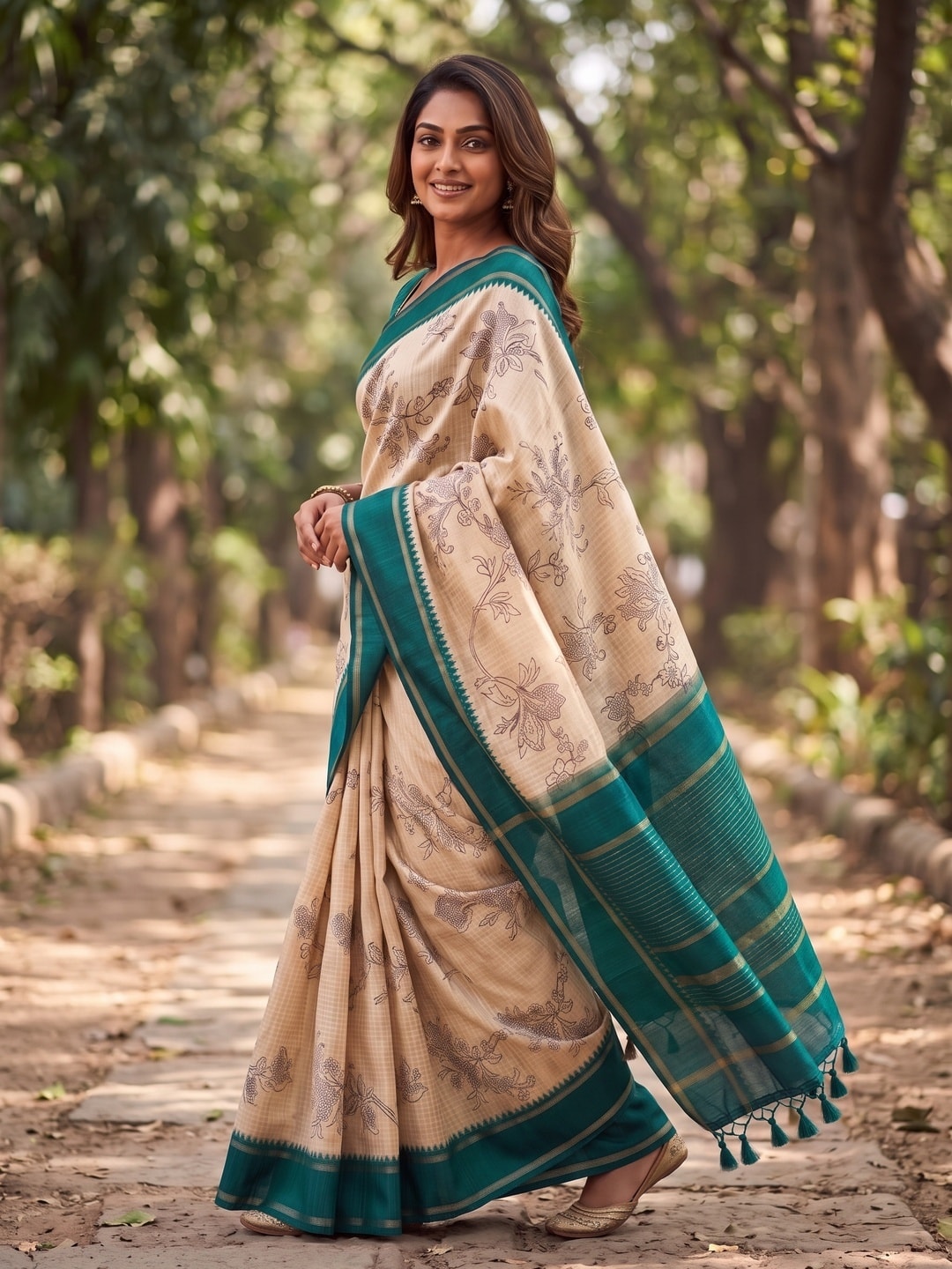 Peachmode Teal Floral Vine Print Tussar Saree With Contrast Bentex Border And Tassels - Image 3