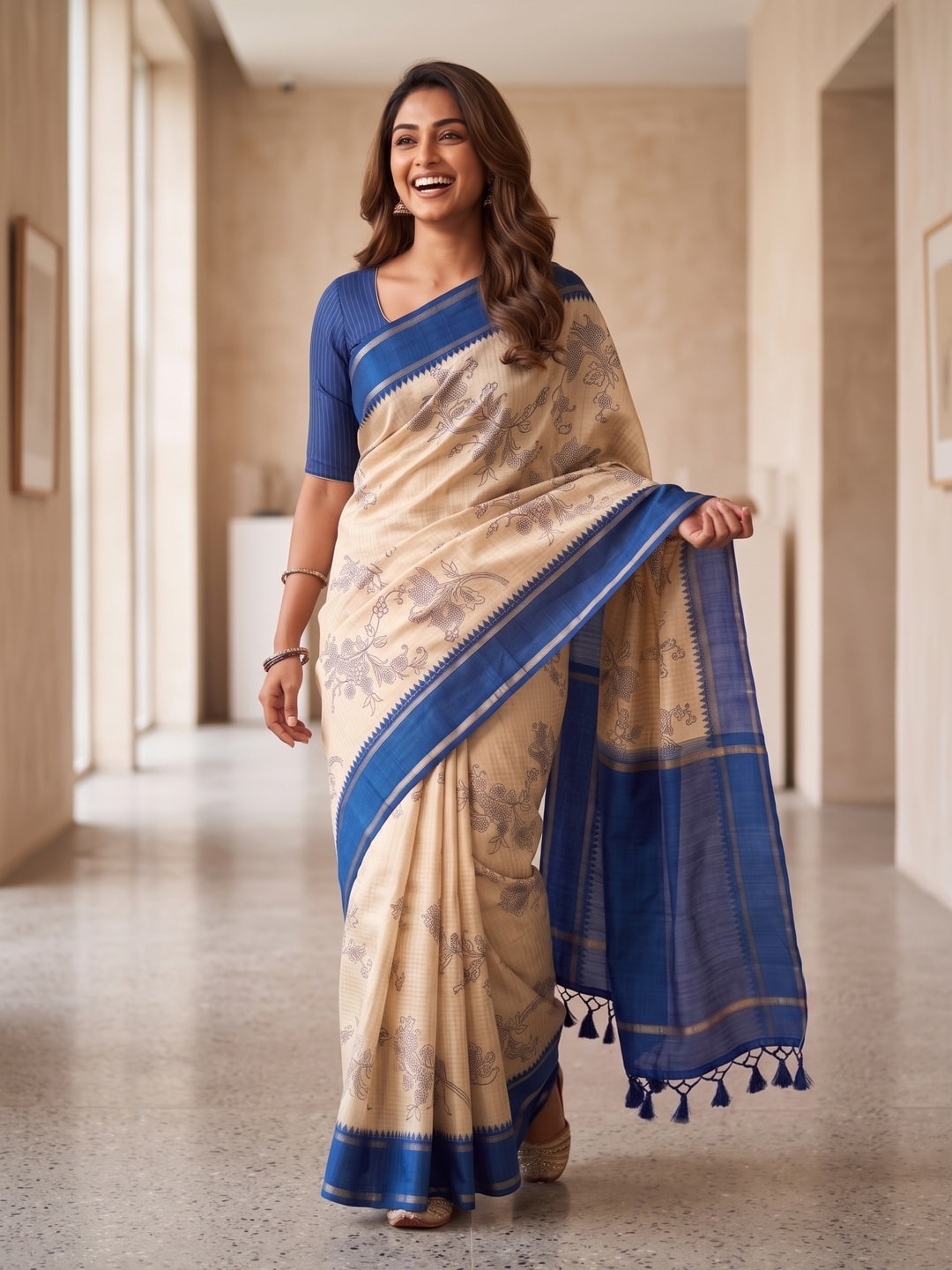 Peachmode Royal Blue Floral Vine Print Tussar Saree With Contrast Bentex Border And Tassels - Image 4