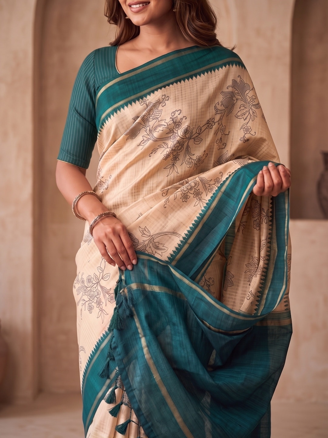 Peachmode Teal Floral Vine Print Tussar Saree With Contrast Bentex Border And Tassels - Image 5