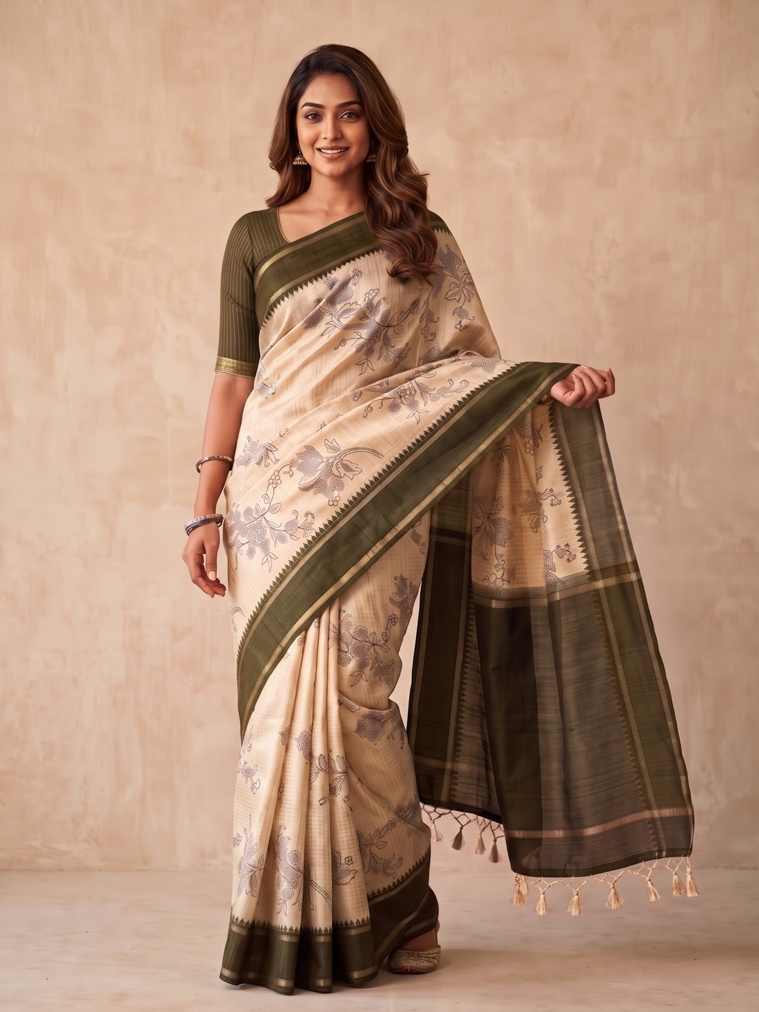 Peachmode Brown Floral Vine Print Tussar Saree With Contrast Bentex Border And Tassels - Image 1
