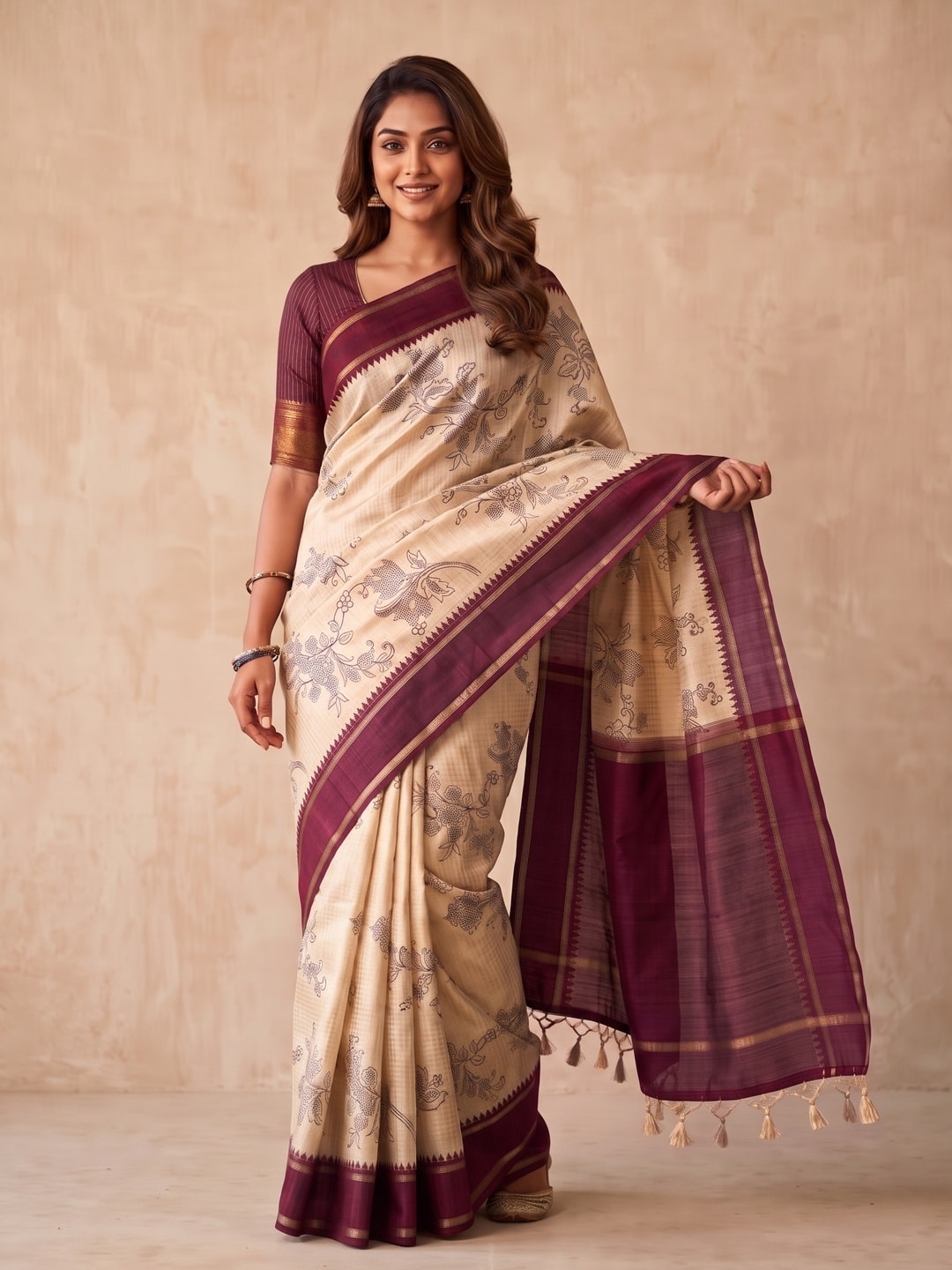 Peachmode Wine Floral Vine Print Tussar Saree With Contrast Bentex Border And Tassels - Image 1