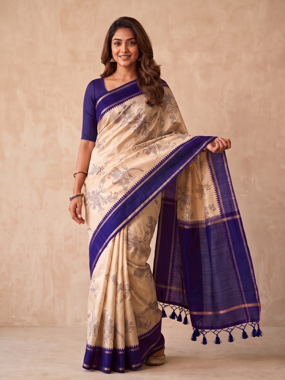 Peachmode Purple Floral Vine Print Tussar Saree With Contrast Bentex Border And Tassels - Image 1