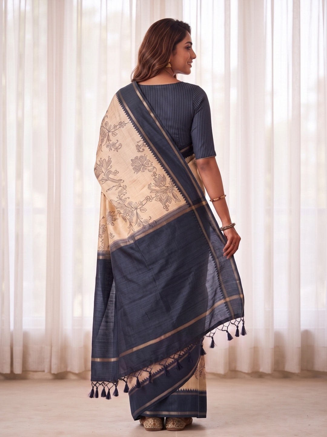 Peachmode Navy Blue Floral Vine Print Tussar Saree With Contrast Bentex Border And Tassels - Image 2