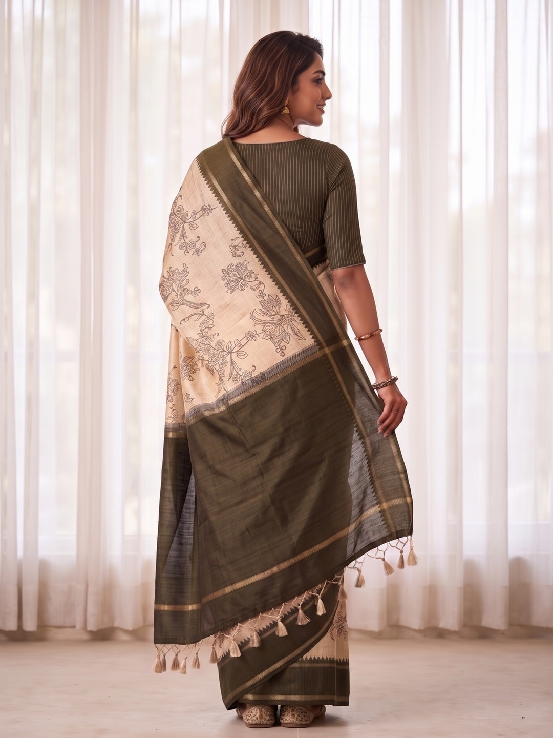 Peachmode Brown Floral Vine Print Tussar Saree With Contrast Bentex Border And Tassels - Image 2