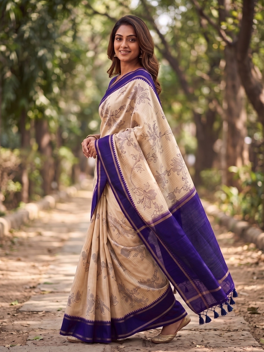 Peachmode Purple Floral Vine Print Tussar Saree With Contrast Bentex Border And Tassels - Image 3