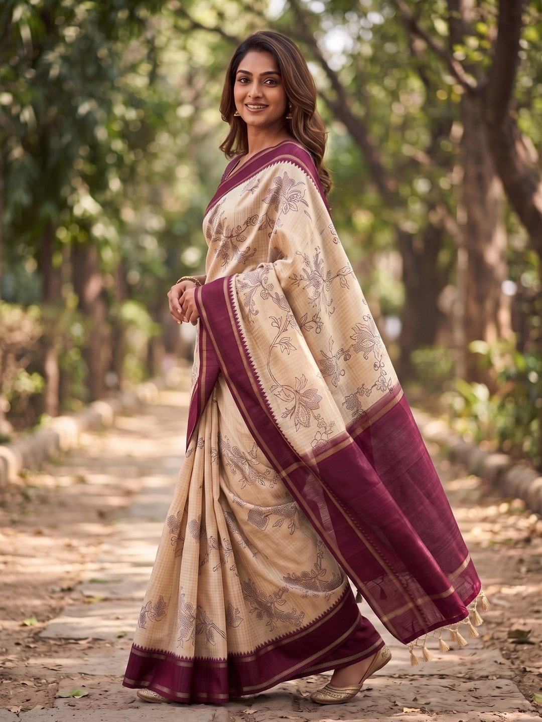 Peachmode Wine Floral Vine Print Tussar Saree With Contrast Bentex Border And Tassels - Image 3