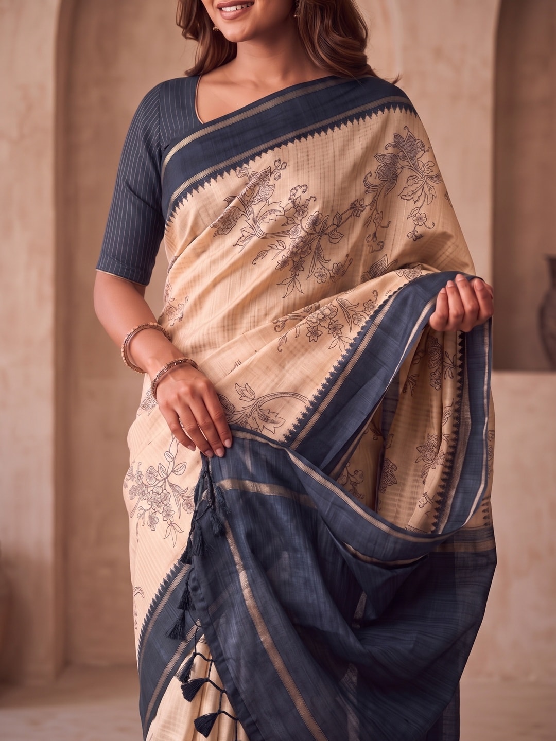 Peachmode Navy Blue Floral Vine Print Tussar Saree With Contrast Bentex Border And Tassels - Image 5