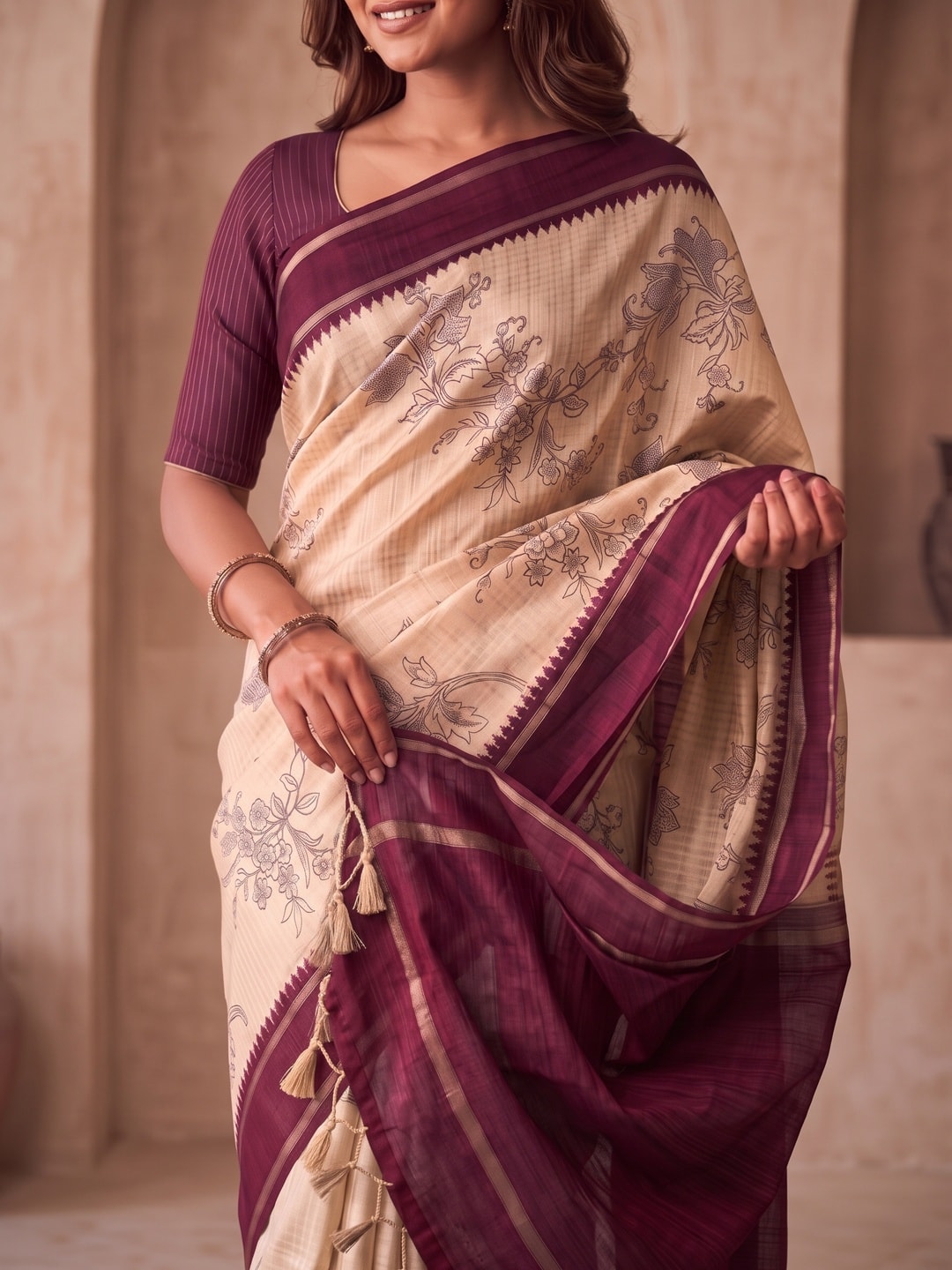 Peachmode Wine Floral Vine Print Tussar Saree With Contrast Bentex Border And Tassels - Image 5