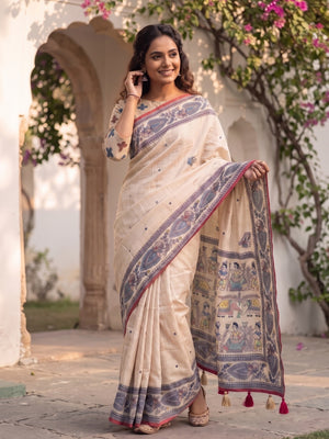 Peachmode Cream Madhubani Printed Linen Saree With Mirror Work - Image 1