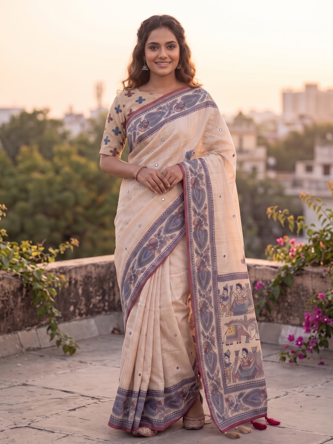 Peachmode Cream Madhubani Printed Linen Saree With Mirror Work - Image 5