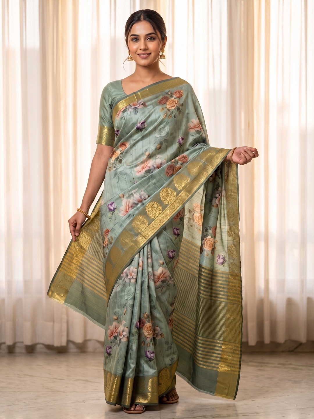 Peachmode Sea Green Pure Katan Silk Saree With Jacquard Weaving Pallu And Digital Floral Print - Image 1