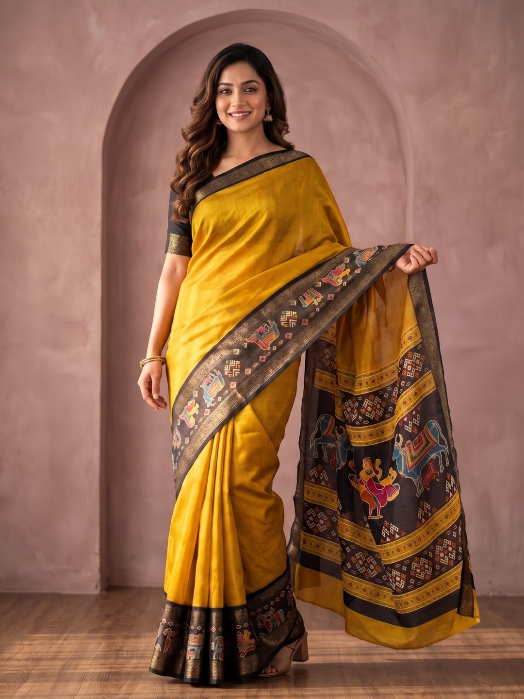 Peachmode Yellow Pure Monroe Silk Saree With Bentex Jacquard And Digital Print Pallu - Image 1