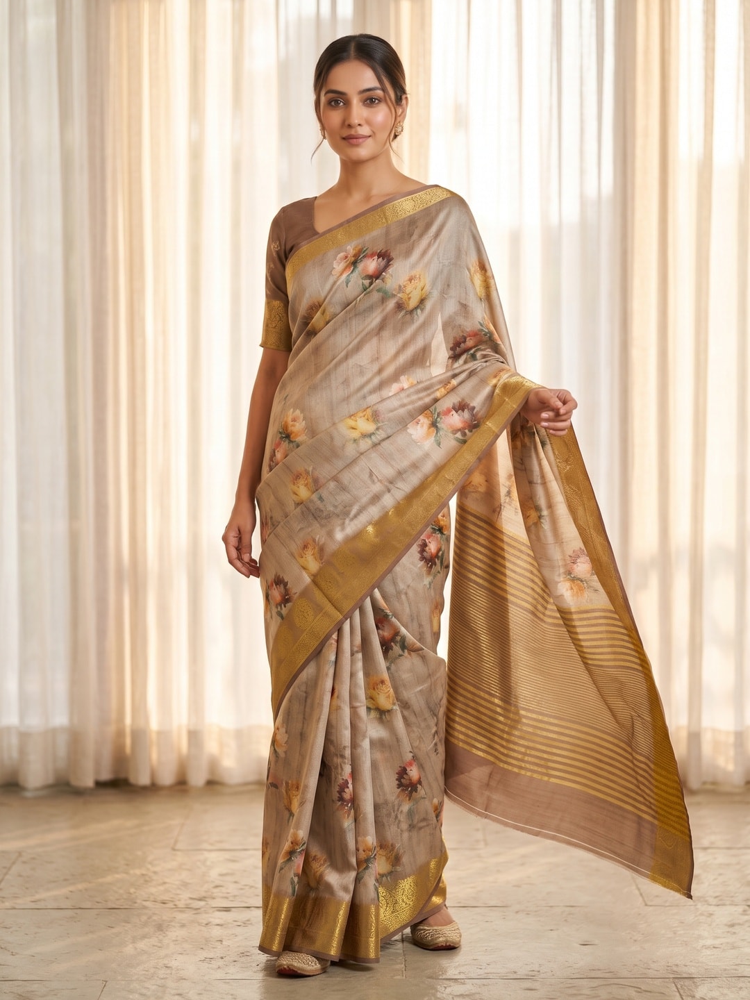 Peachmode Beige Pure Katan Silk Saree With Jacquard Weaving Pallu And Digital Floral Print - Image 1