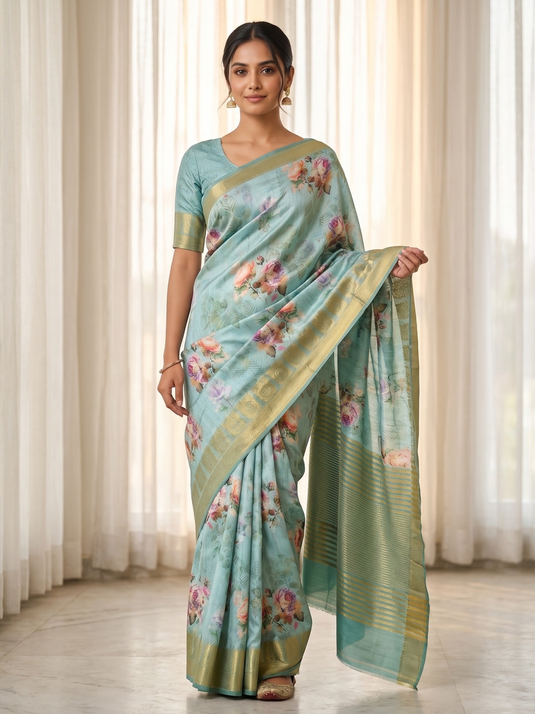 Peachmode Sky Blue Pure Katan Silk Saree With Jacquard Weaving Pallu And Digital Floral Print - Image 1