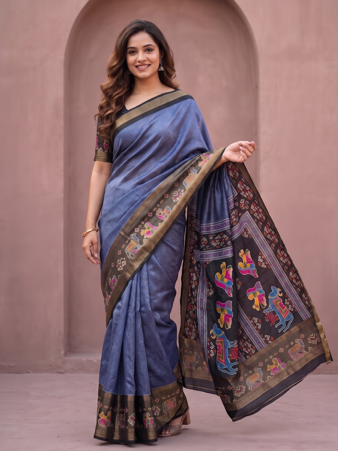 Peachmode Grey Pure Monroe Silk Saree With Bentex Jacquard And Digital Print Pallu - Image 1