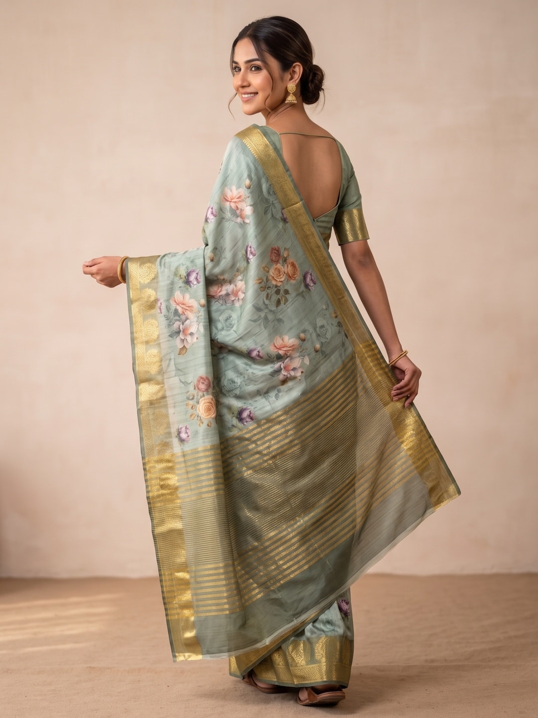 Peachmode Sea Green Pure Katan Silk Saree With Jacquard Weaving Pallu And Digital Floral Print - Image 2