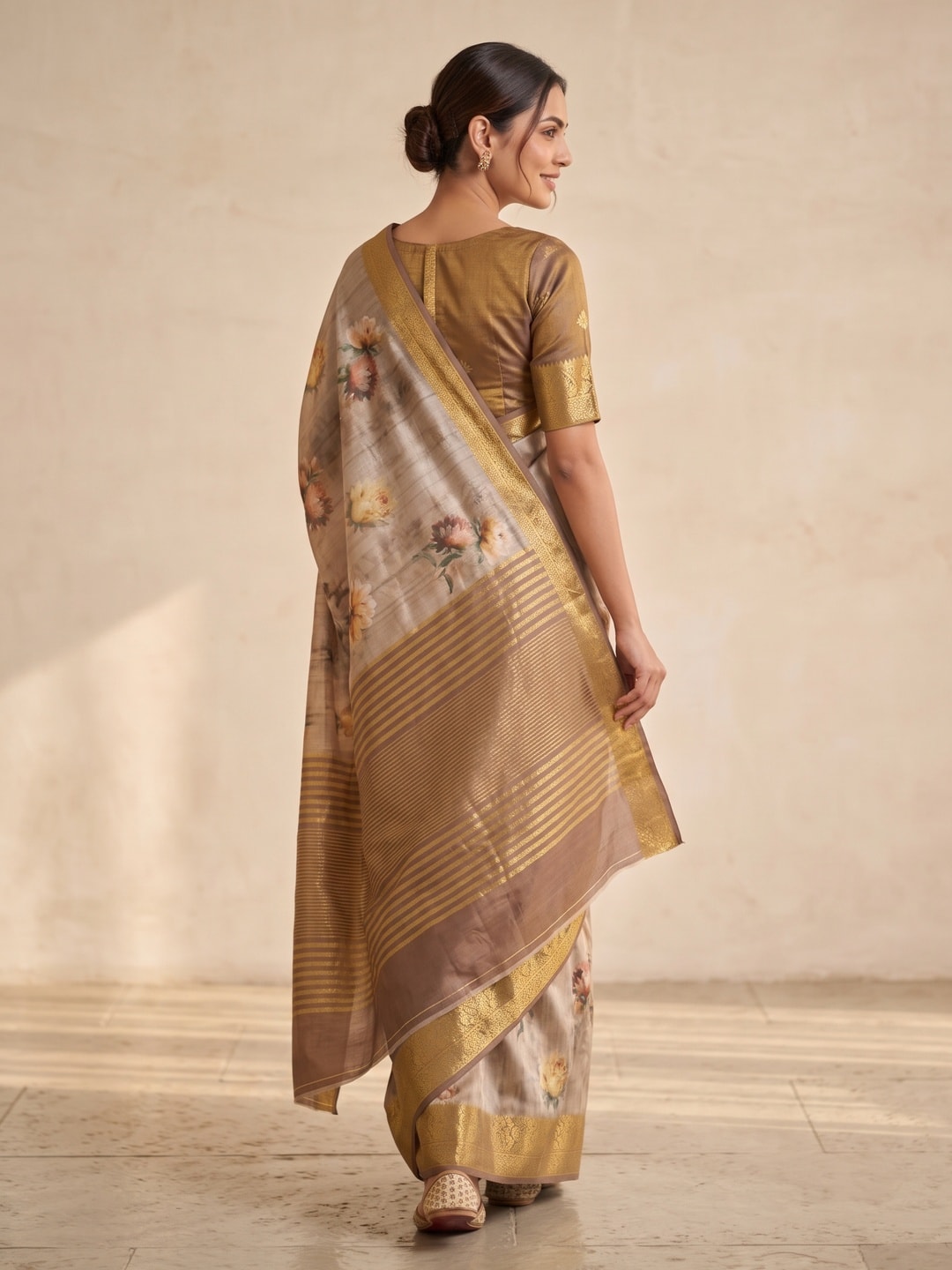 Peachmode Beige Pure Katan Silk Saree With Jacquard Weaving Pallu And Digital Floral Print - Image 2