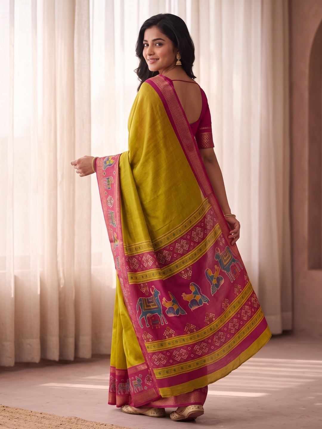 Peachmode Lime Pure Monroe Silk Saree With Bentex Jacquard And Digital Print Pallu - Image 2