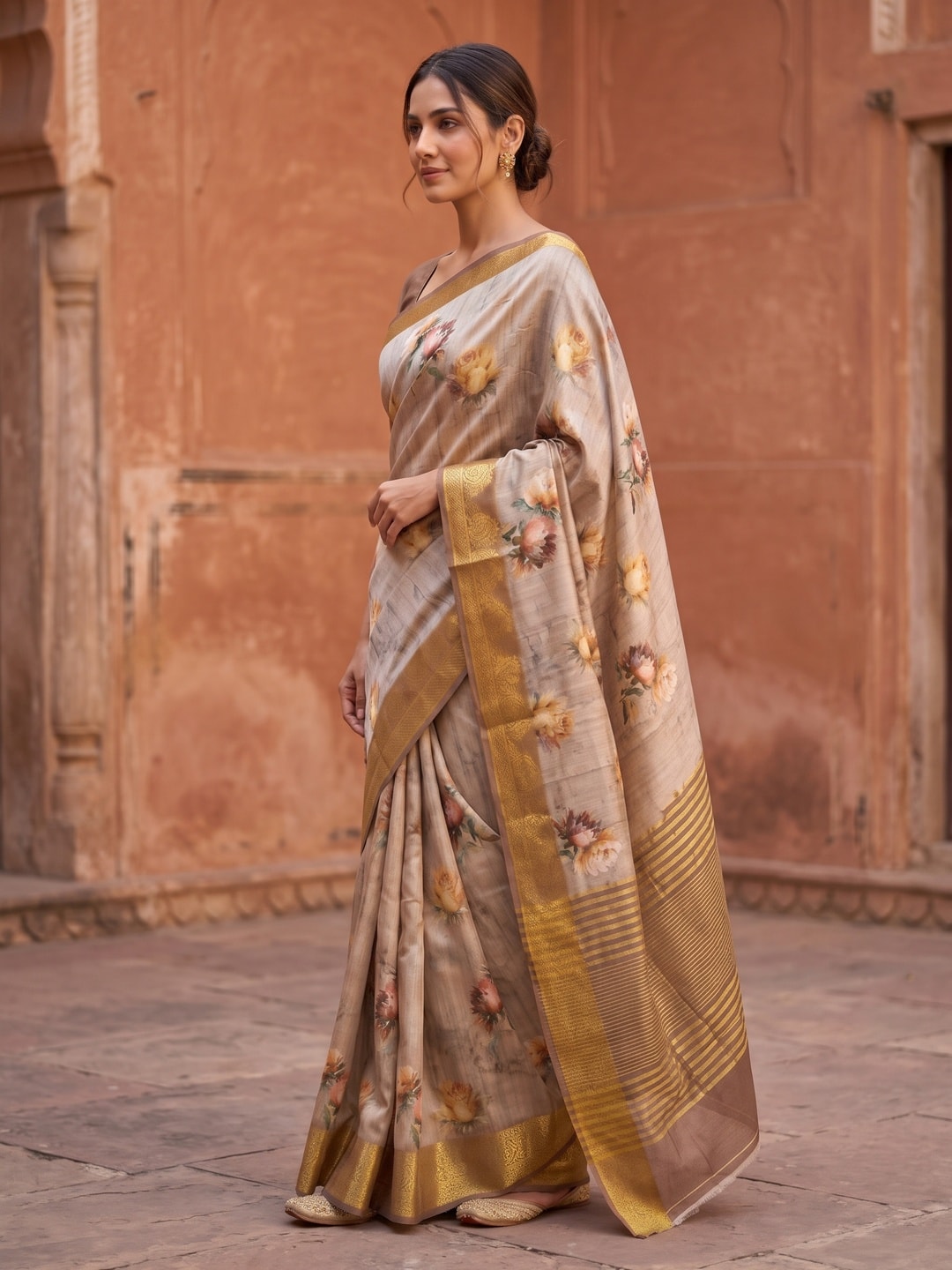 Peachmode Beige Pure Katan Silk Saree With Jacquard Weaving Pallu And Digital Floral Print - Image 3
