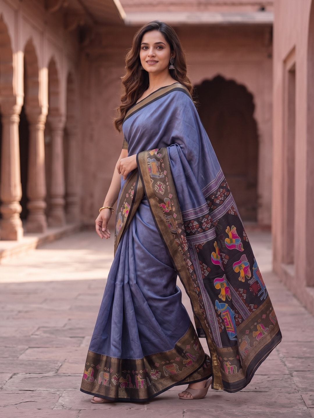 Peachmode Grey Pure Monroe Silk Saree With Bentex Jacquard And Digital Print Pallu - Image 3