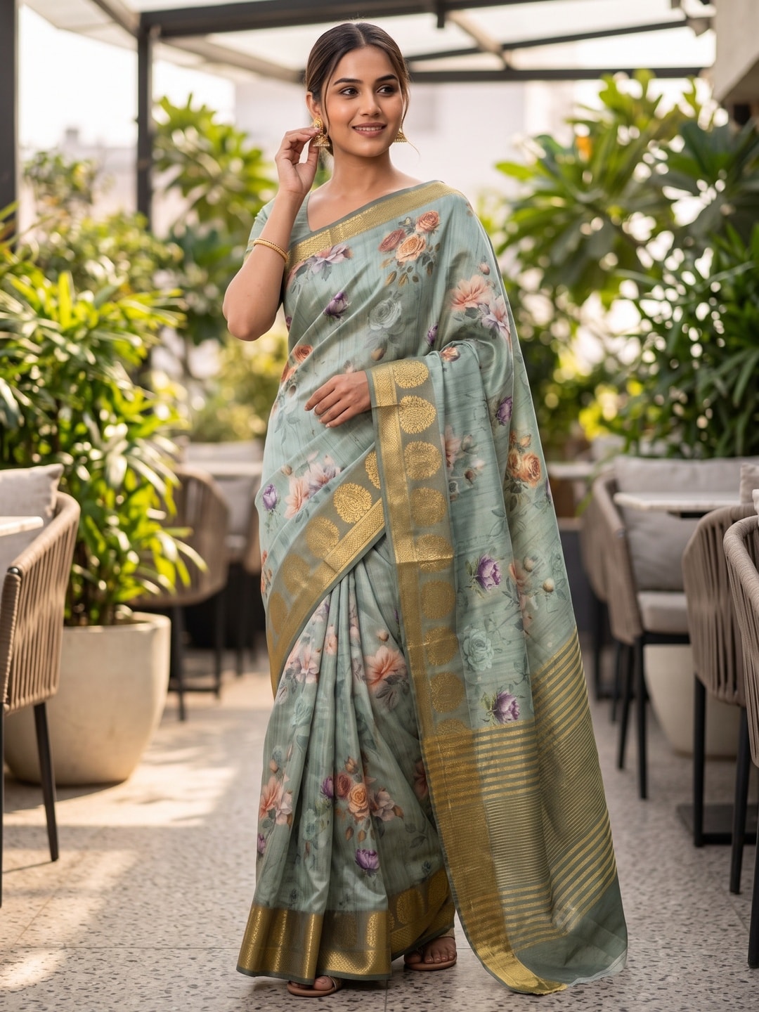 Peachmode Sea Green Pure Katan Silk Saree With Jacquard Weaving Pallu And Digital Floral Print - Image 4