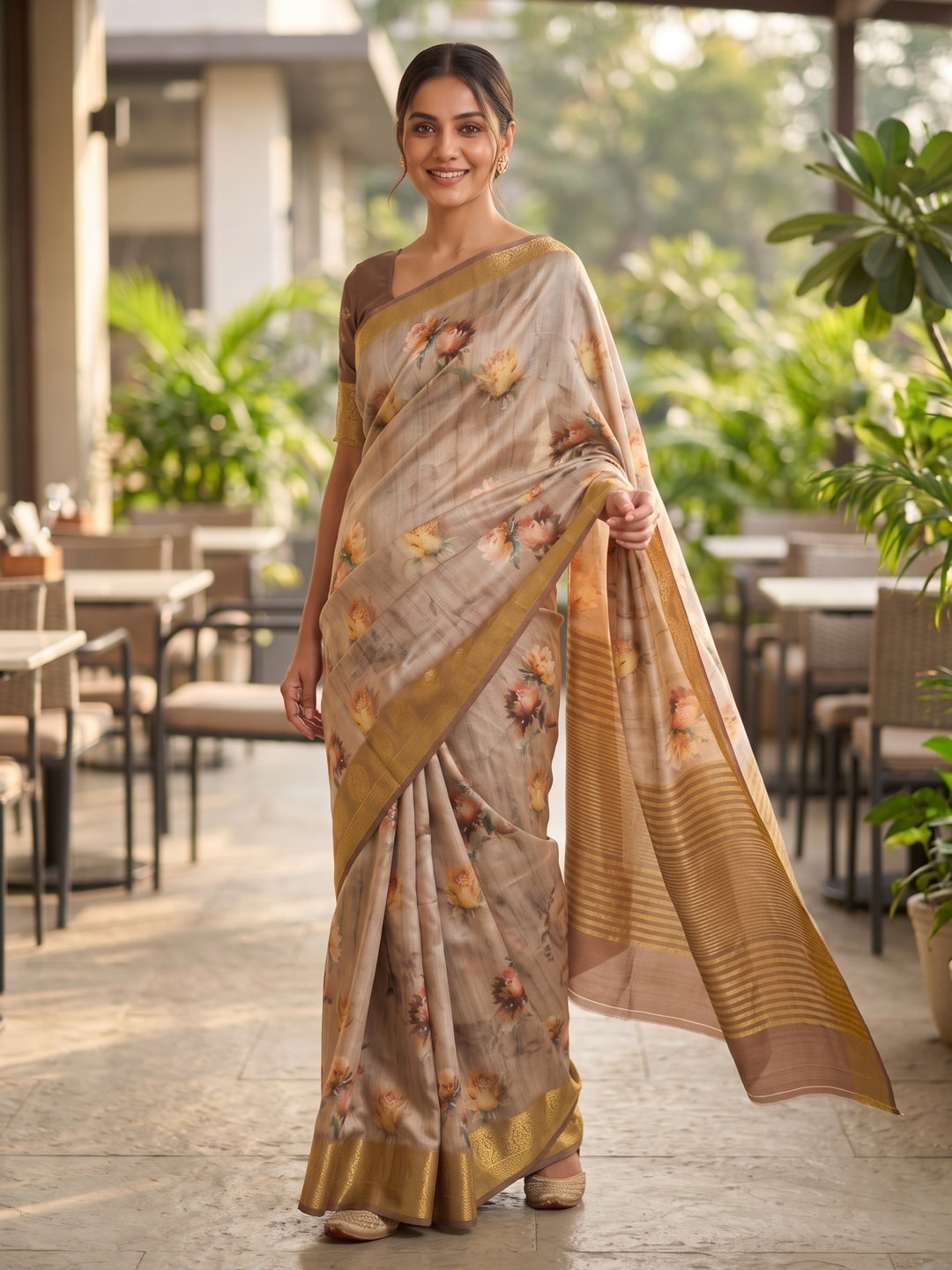 Peachmode Beige Pure Katan Silk Saree With Jacquard Weaving Pallu And Digital Floral Print - Image 4
