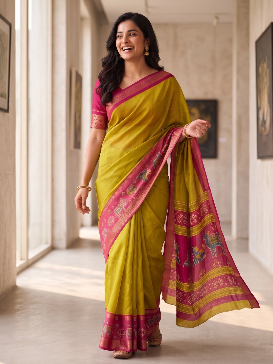 Peachmode Lime Pure Monroe Silk Saree With Bentex Jacquard And Digital Print Pallu - Image 4