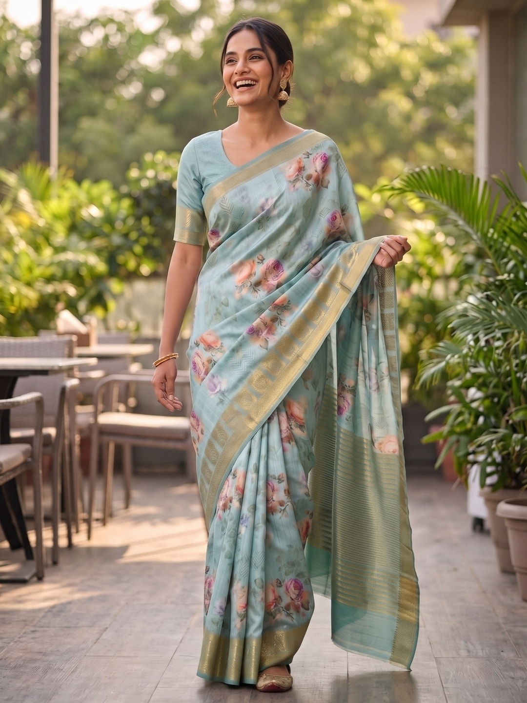 Peachmode Sky Blue Pure Katan Silk Saree With Jacquard Weaving Pallu And Digital Floral Print - Image 4