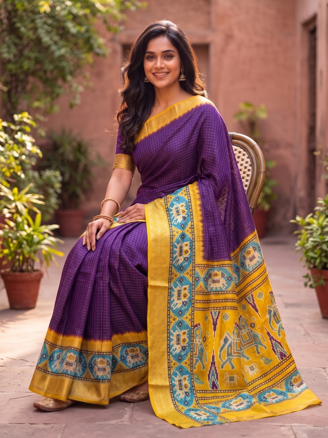 Peachmode Purple Pure Dola Silk Saree With Bentex Chex Jacquard And Digital Print Elephant Pallu - Image 4