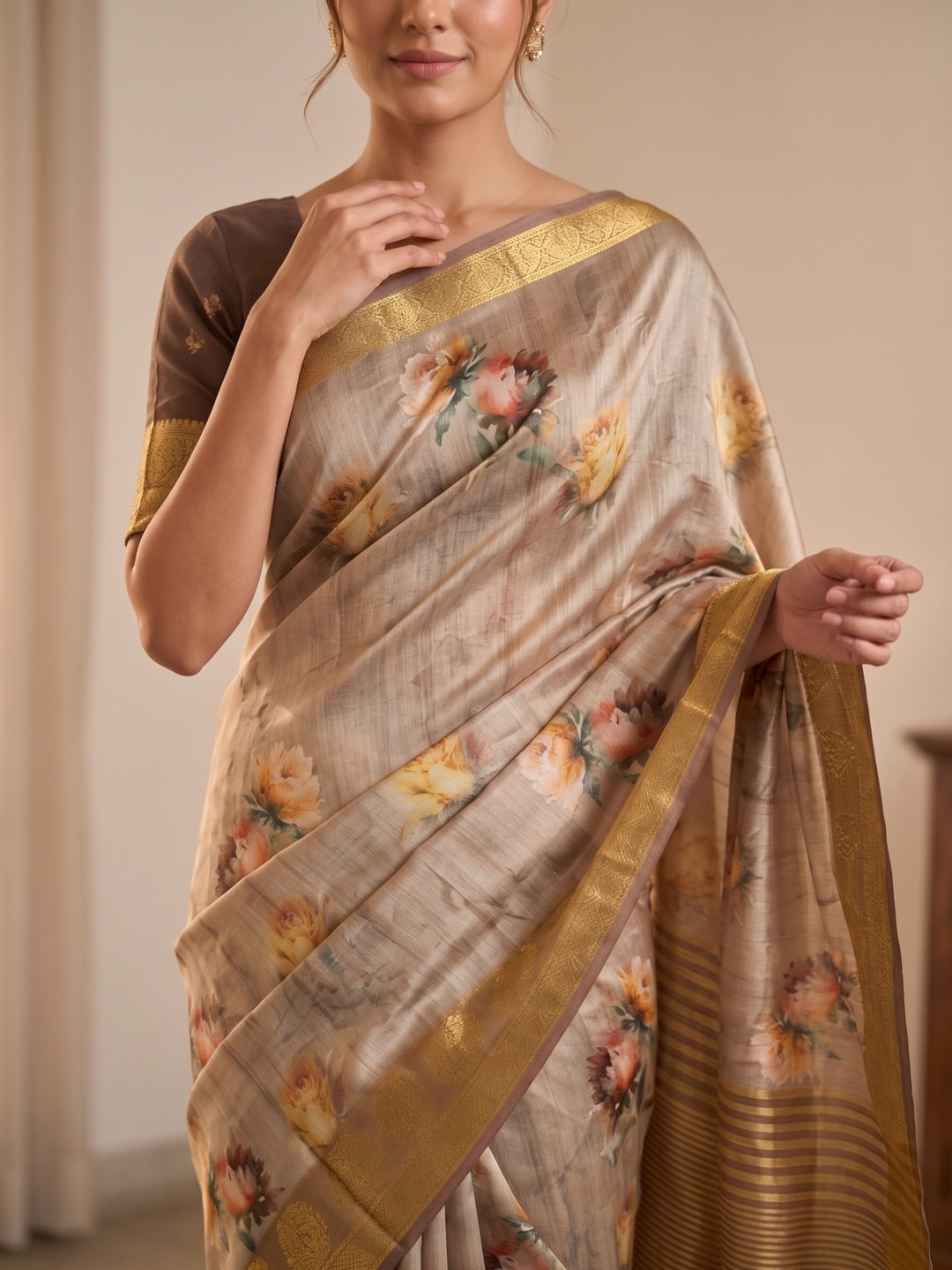 Peachmode Beige Pure Katan Silk Saree With Jacquard Weaving Pallu And Digital Floral Print - Image 5