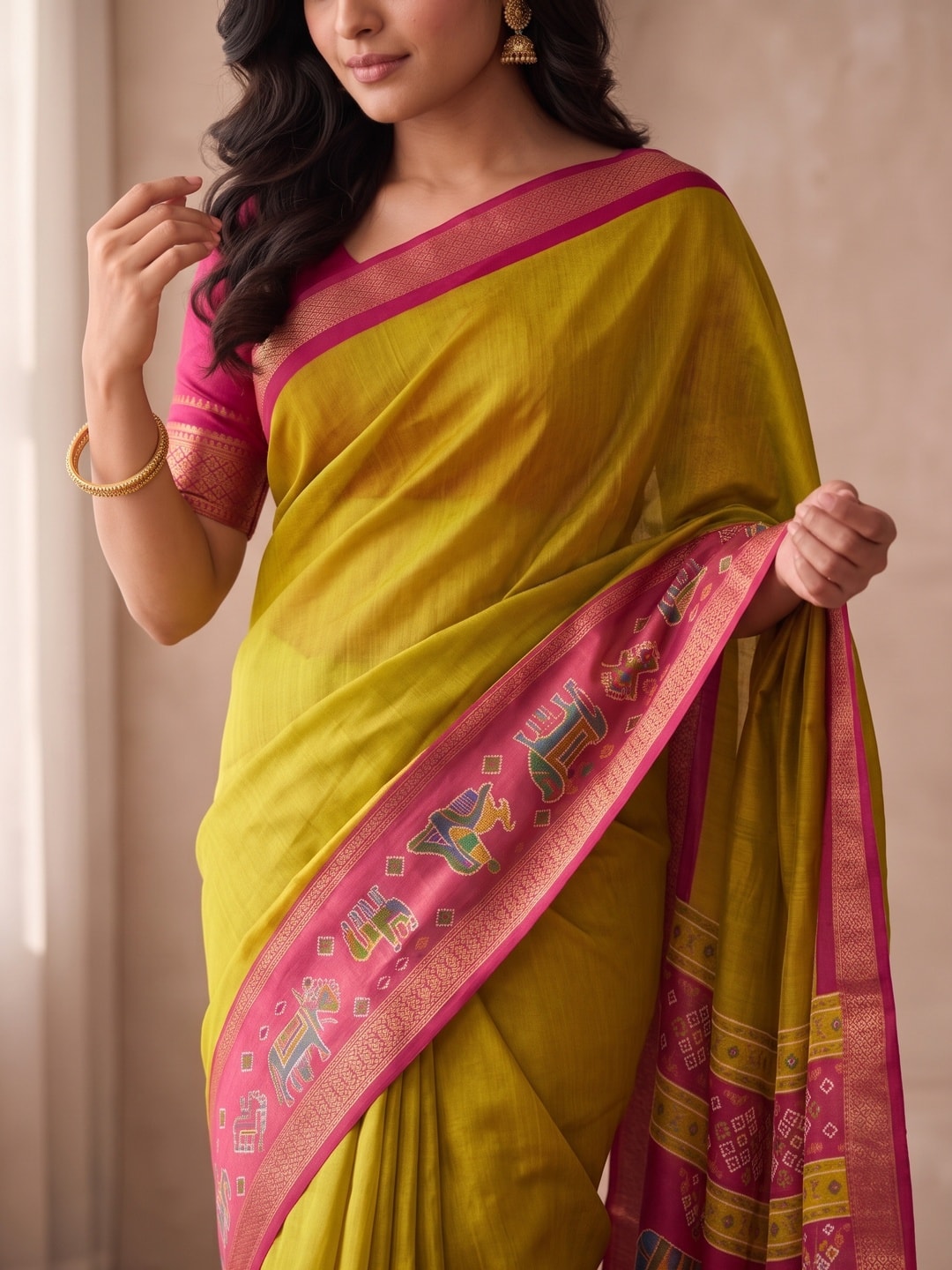 Peachmode Lime Pure Monroe Silk Saree With Bentex Jacquard And Digital Print Pallu - Image 5