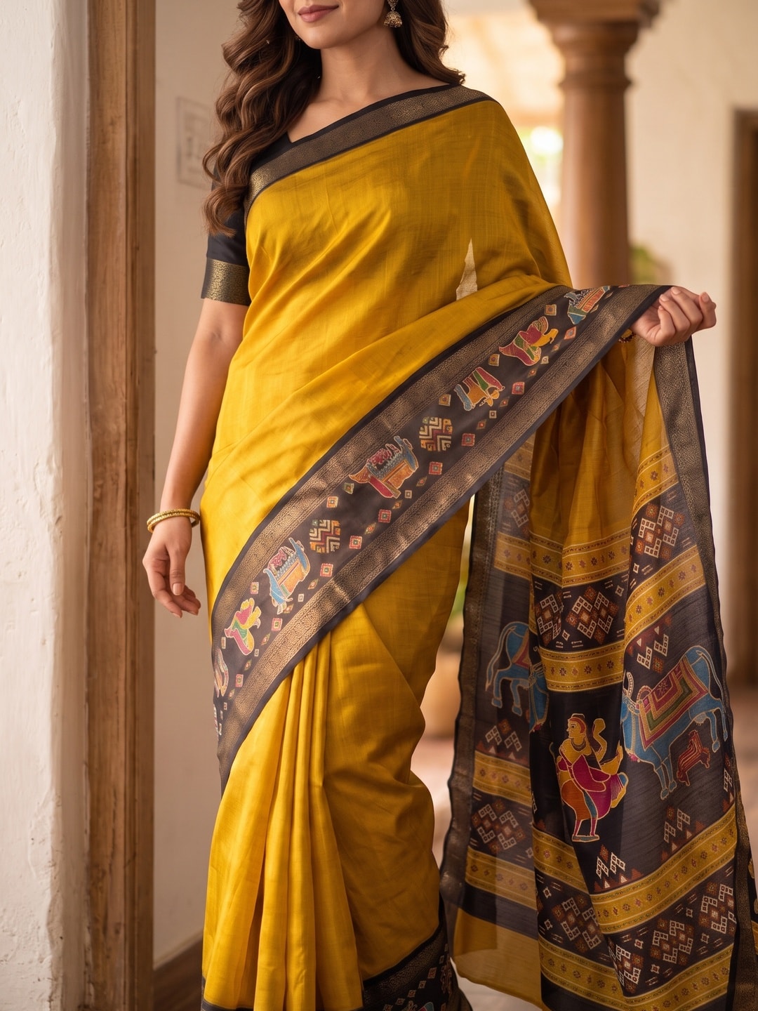 Peachmode Yellow Pure Monroe Silk Saree With Bentex Jacquard And Digital Print Pallu - Image 5