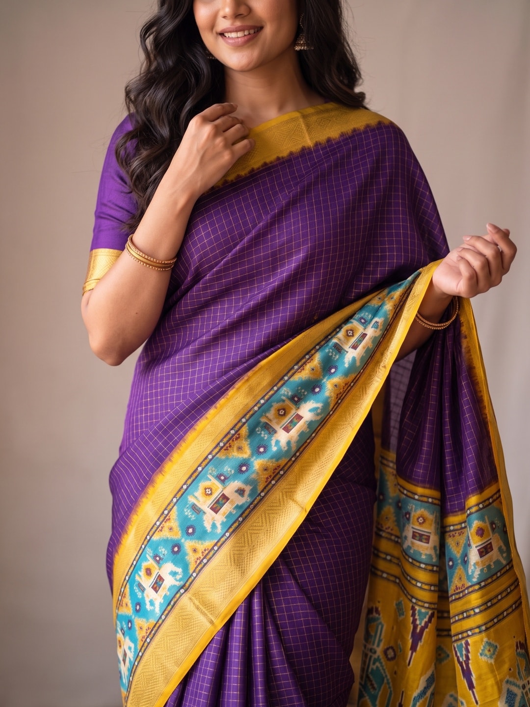 Peachmode Purple Pure Dola Silk Saree With Bentex Chex Jacquard And Digital Print Elephant Pallu - Image 5