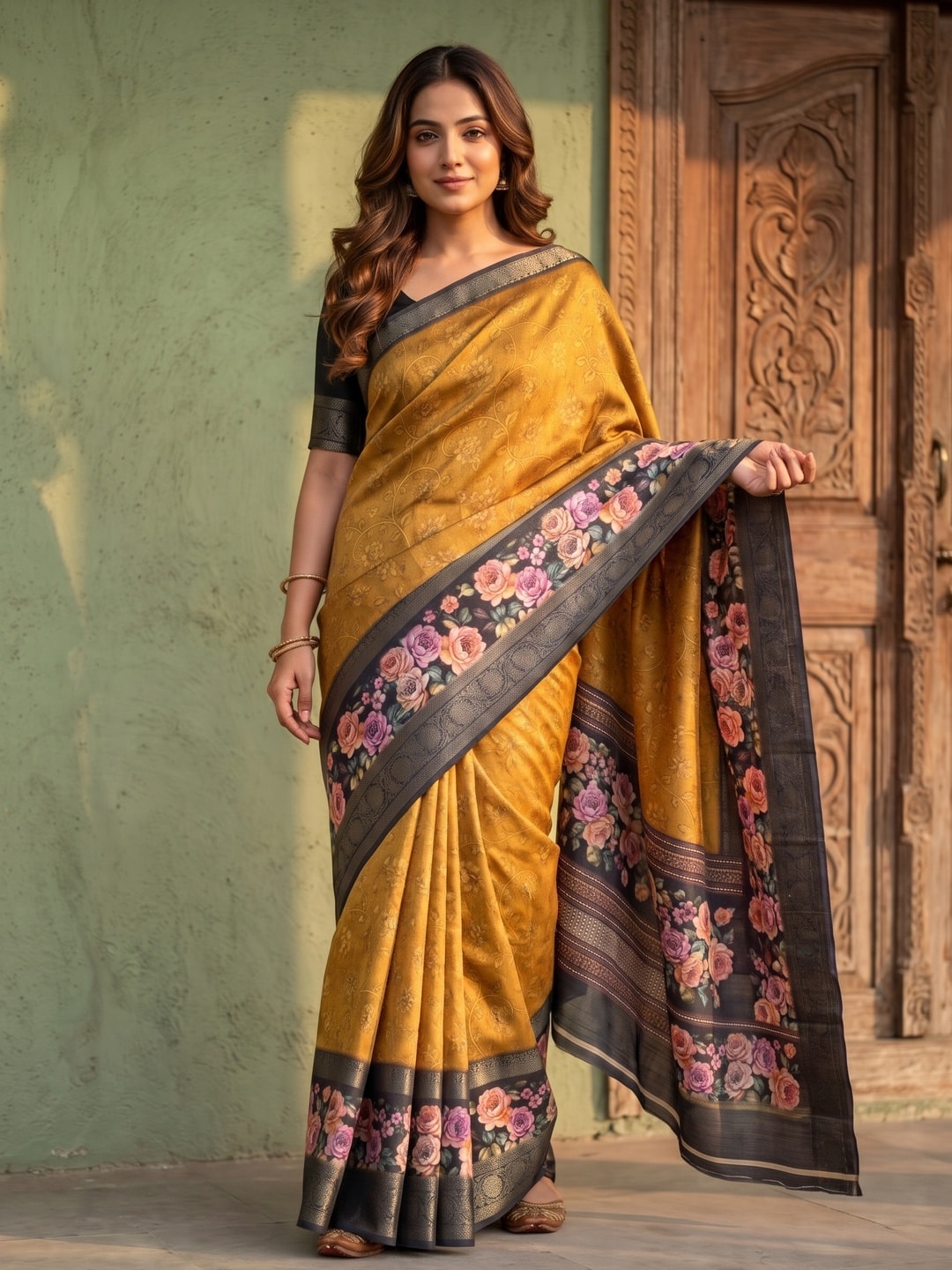 Peachmode Mustard Pure Cotton Silk Saree With Bentex Jacquard And Digital Floral Print Border - Image 1