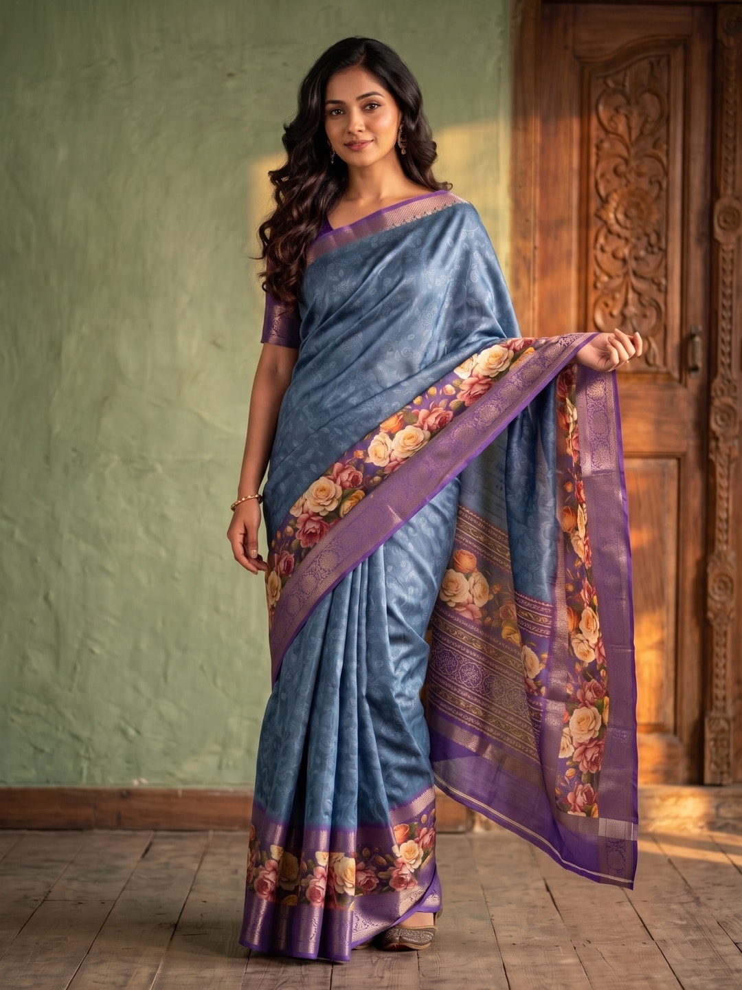 Peachmode Blue Pure Cotton Silk Saree With Bentex Jacquard And Digital Floral Print Border - Image 1
